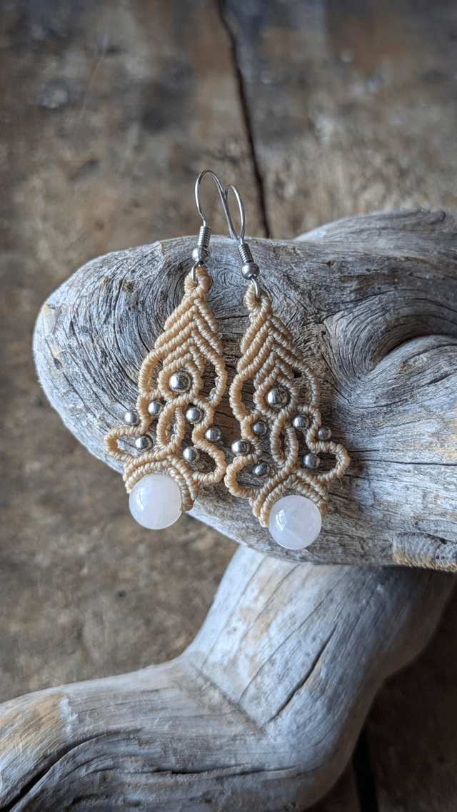 Boucles d'oreilles élégantes en macramé, pierres fines et acier inoxydable