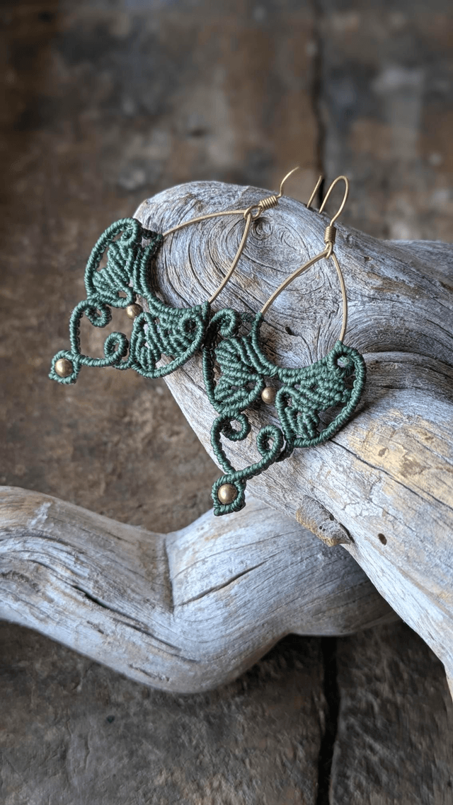 Boucles d'oreilles nature en macramé, feuilles et laiton brut
